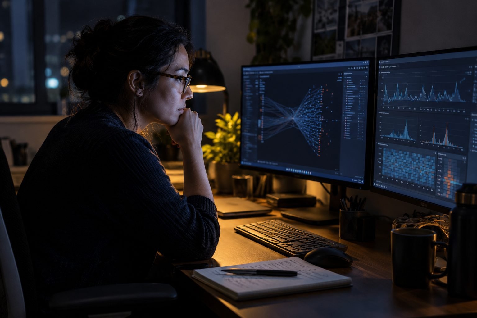 Analist bekijkt 's avonds aandachtig een netwerkanalyse en datagrafieken op twee schermen, met een notitieboek op het bureau